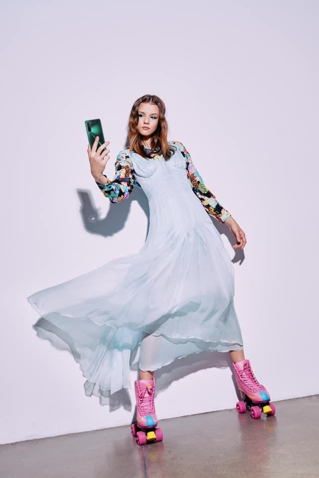 OMRA bleu ciel silk chiffon demi-couture dress featured in Cosmopolitan Magazine