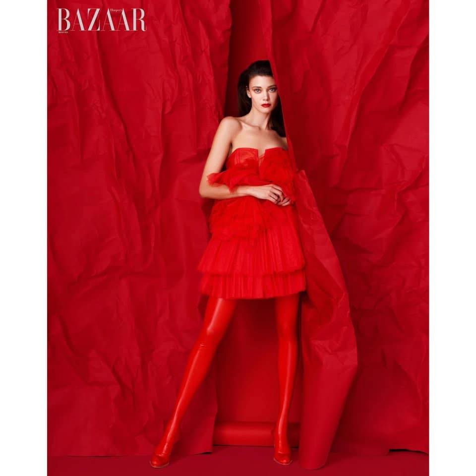 Diana Moldovan gorgeous in OMRA Red Roses ruffles dress for Harper's Bazaar Romania