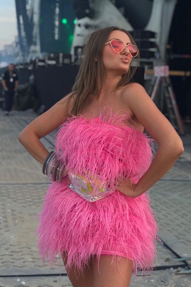 Alexandra Stan wearing OMRA "Moulin Rouge" pink dress at NEVERSEA festival