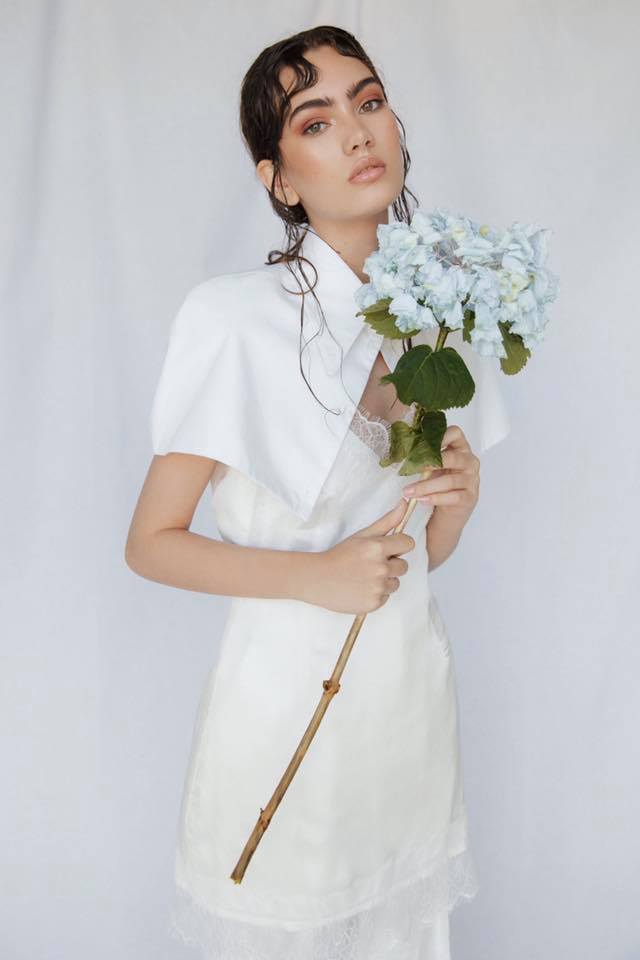 OMRA white chantilly lace silk satin slip dress featured on Elle Romania