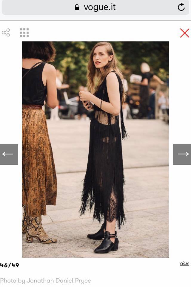 Cristina Candea wearing OMRA dress featured in VOGUE ITALIA as best street style at MFW