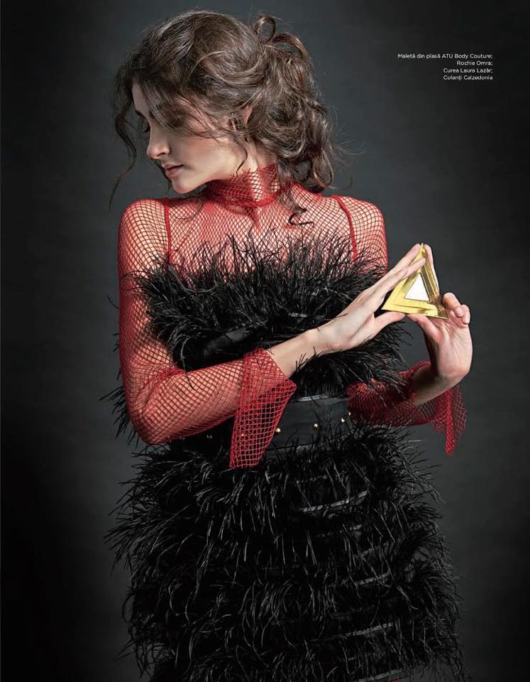 OMRA feathers dress featured in Beau Monde Romania