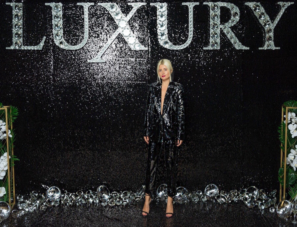 Chrisa Dobreanu shinning in OMRA sequins suit at Luxury Magazine Anniversary Party