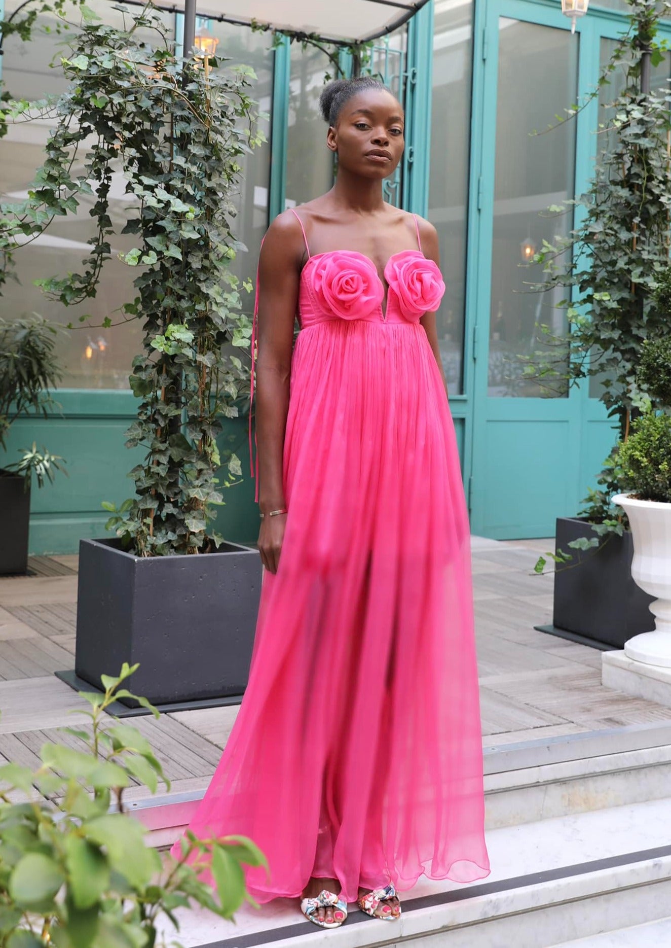 Pink Roses silk chiffon dress