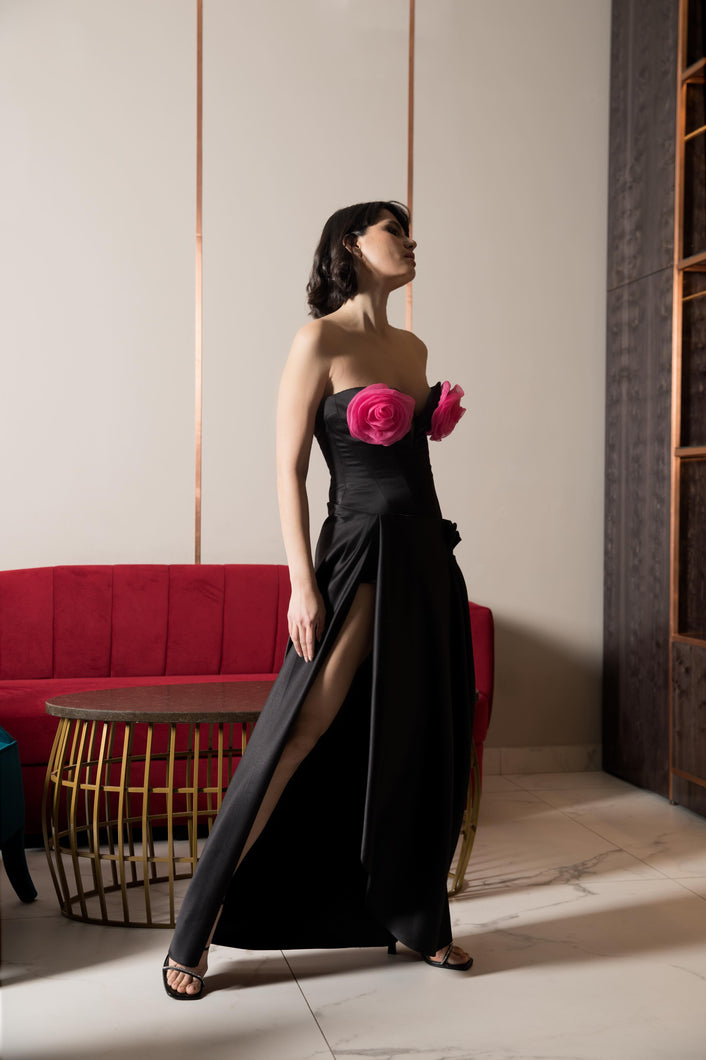 Marilyn Roses black demi-couture taffeta gown with fuchsia silk chiffon flowers