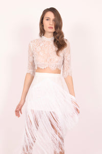 Daisy white chantilly lace skirt with fringes