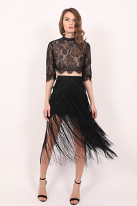 Daisy black chantilly lace skirt with fringes