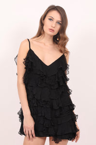 Mykonos black silk ruffles mini dress