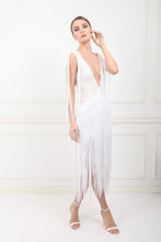 Daisy white chantilly lace mini dress with fringes.