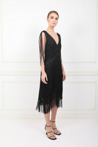 Daisy black chantilly lace dress mini with fringes