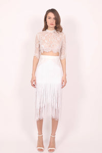 Daisy black chantilly lace skirt with fringes