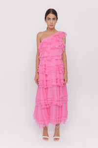 Peony silk ruffled one shoulder demi-couture dress