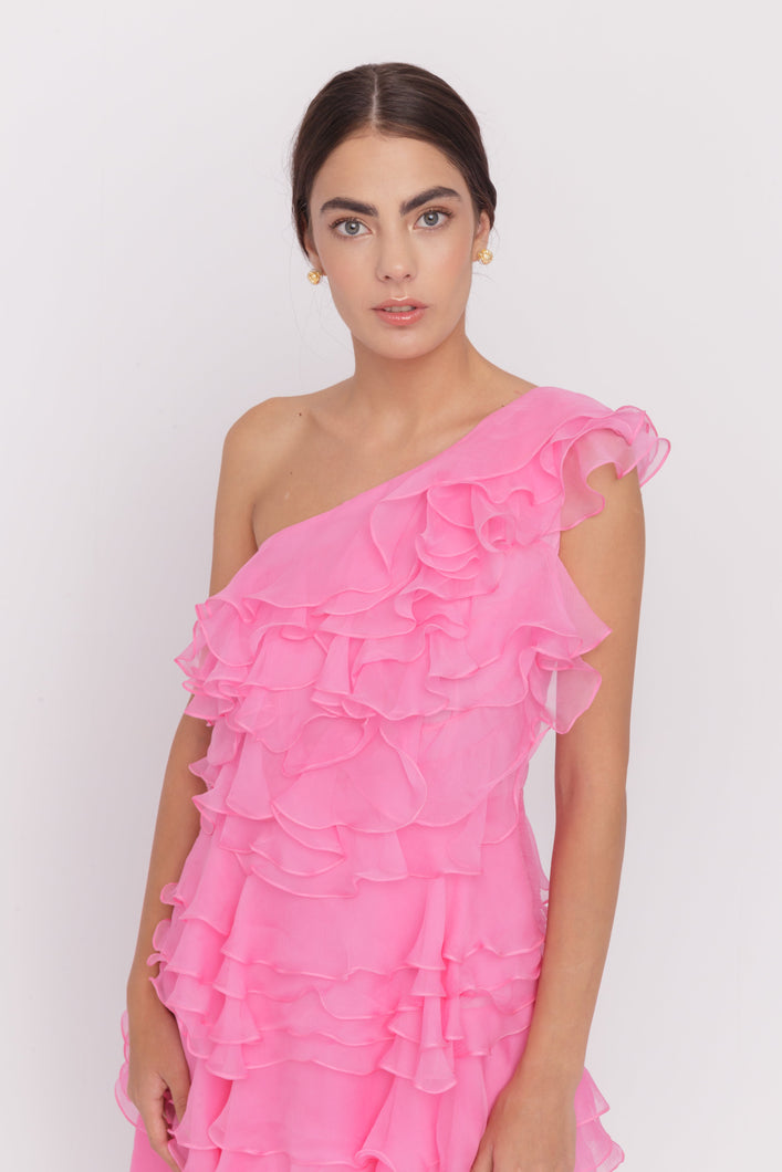 Peony silk ruffled one shoulder demi-couture dress