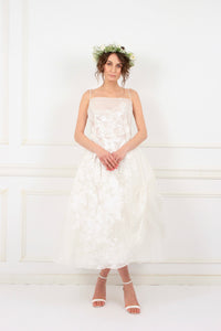 Aimee silk organza with hand-painted white flowers couture midi dress